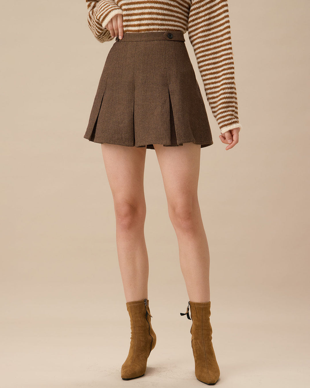 Morgan and Brooke | Brown Striped Pleated Mini Skirt