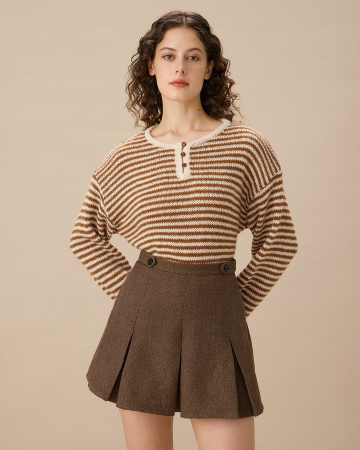 Morgan and Brooke | Brown Striped Pleated Mini Skirt