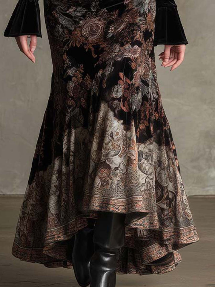 Morgan & Brooke | Baroque Floral Corset-Waist Velvet Maxi Dress