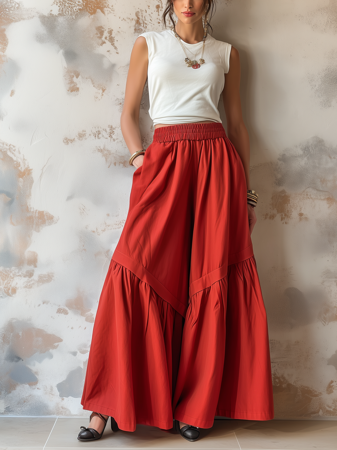 Morgan & Brooke | Red Tiered Wide-Leg Palazzo Pants