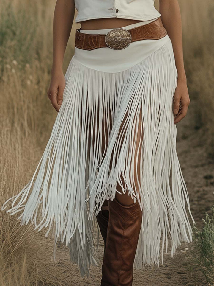 Morgan & Brooke | White Suede Tassel Casual Dress