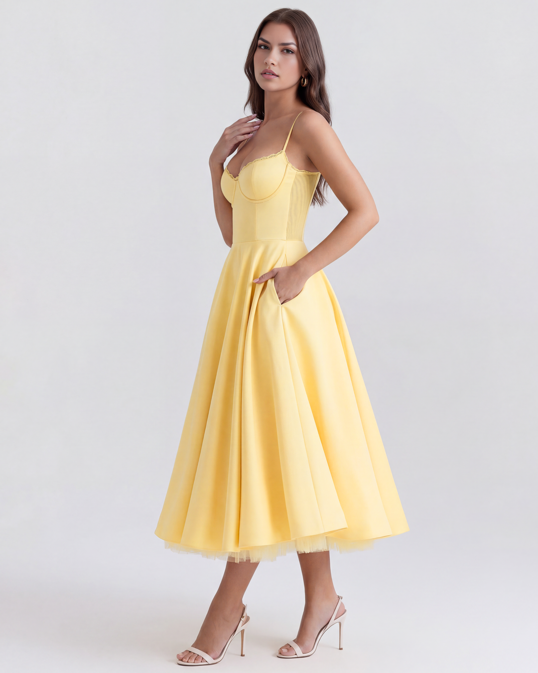 Morgan & Brooke | Ivory Tulle-Skirt Satin Midi Dress