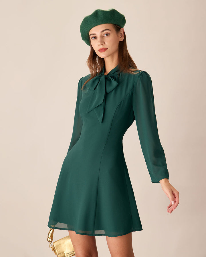 Morgan and Brooke | Green Tie Neck Sheer Mini Dress