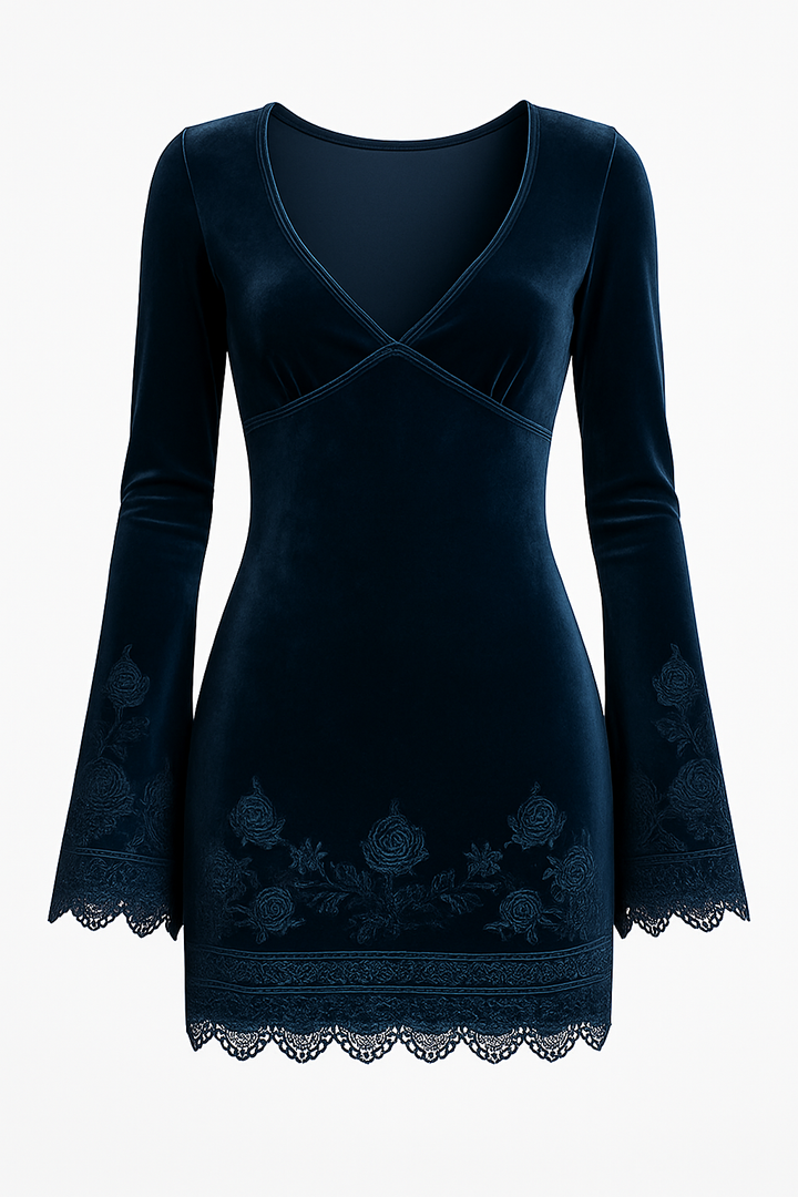 Morgan & Brooke | Embroidery Bell Sleeves Velvet Dress