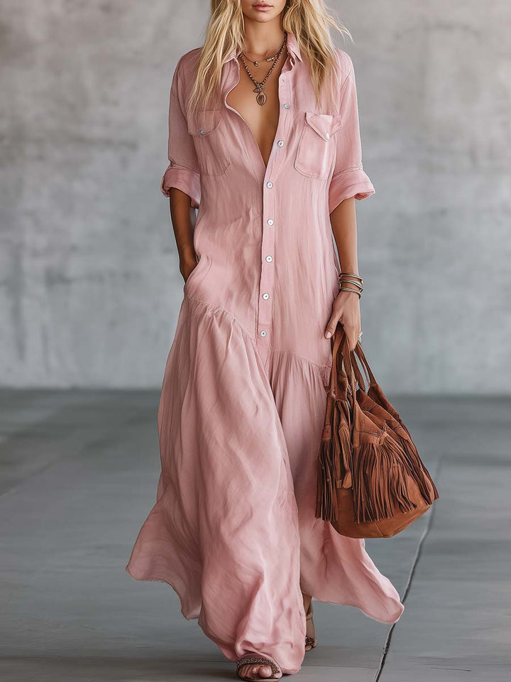 Morgan & Brooke | Pink Linen V-Neck Casual Dress