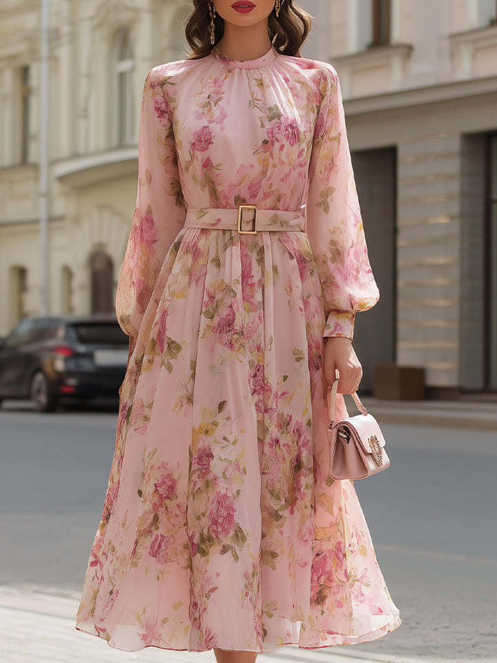 Morgan & Brooke | Blush Floral-Print Midi Chiffon Dress
