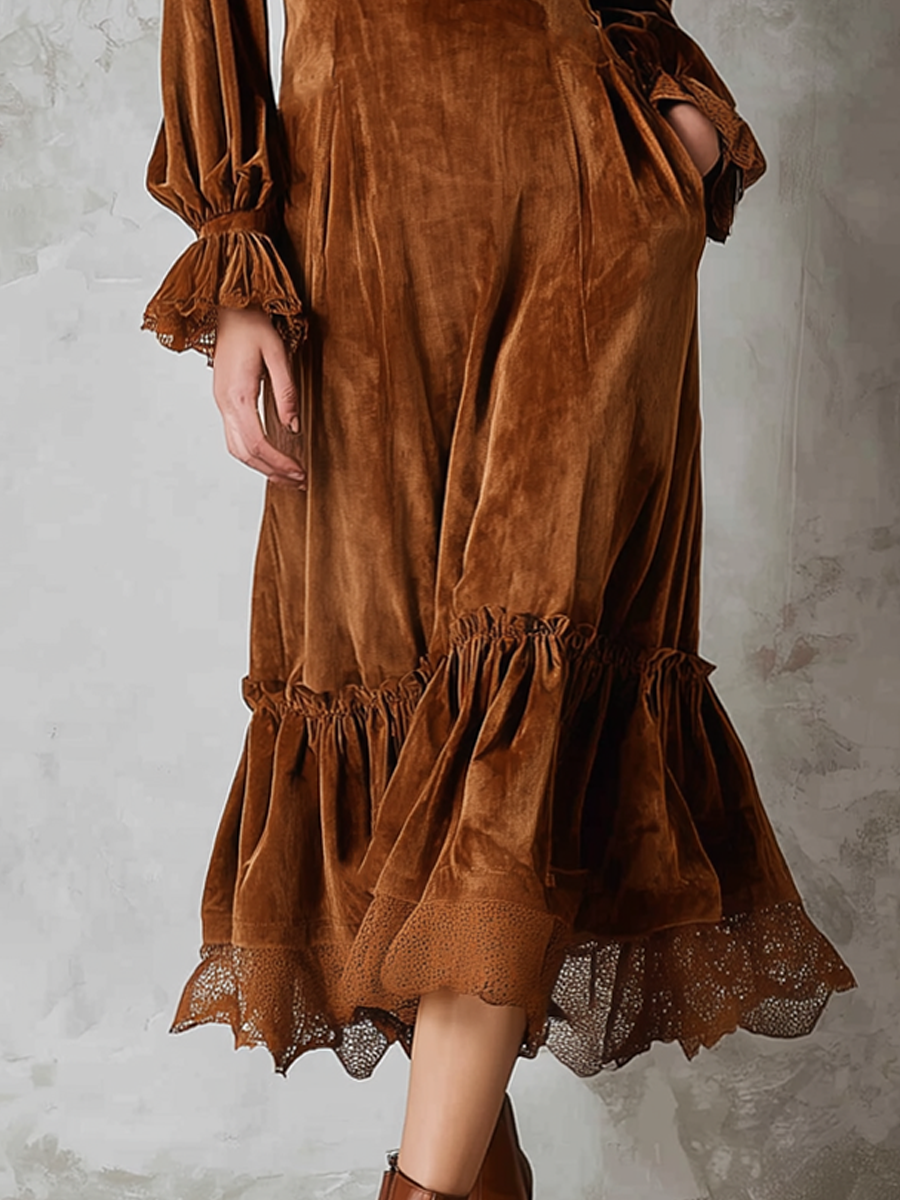 Morgan & Brooke | Retro Ruffle Neck Lace Trim Dress