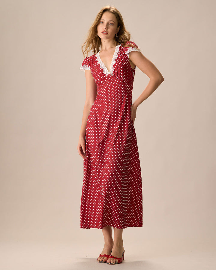 Morgan and Brooke | Red V Neck Polka Dot Lace Maxi Dress