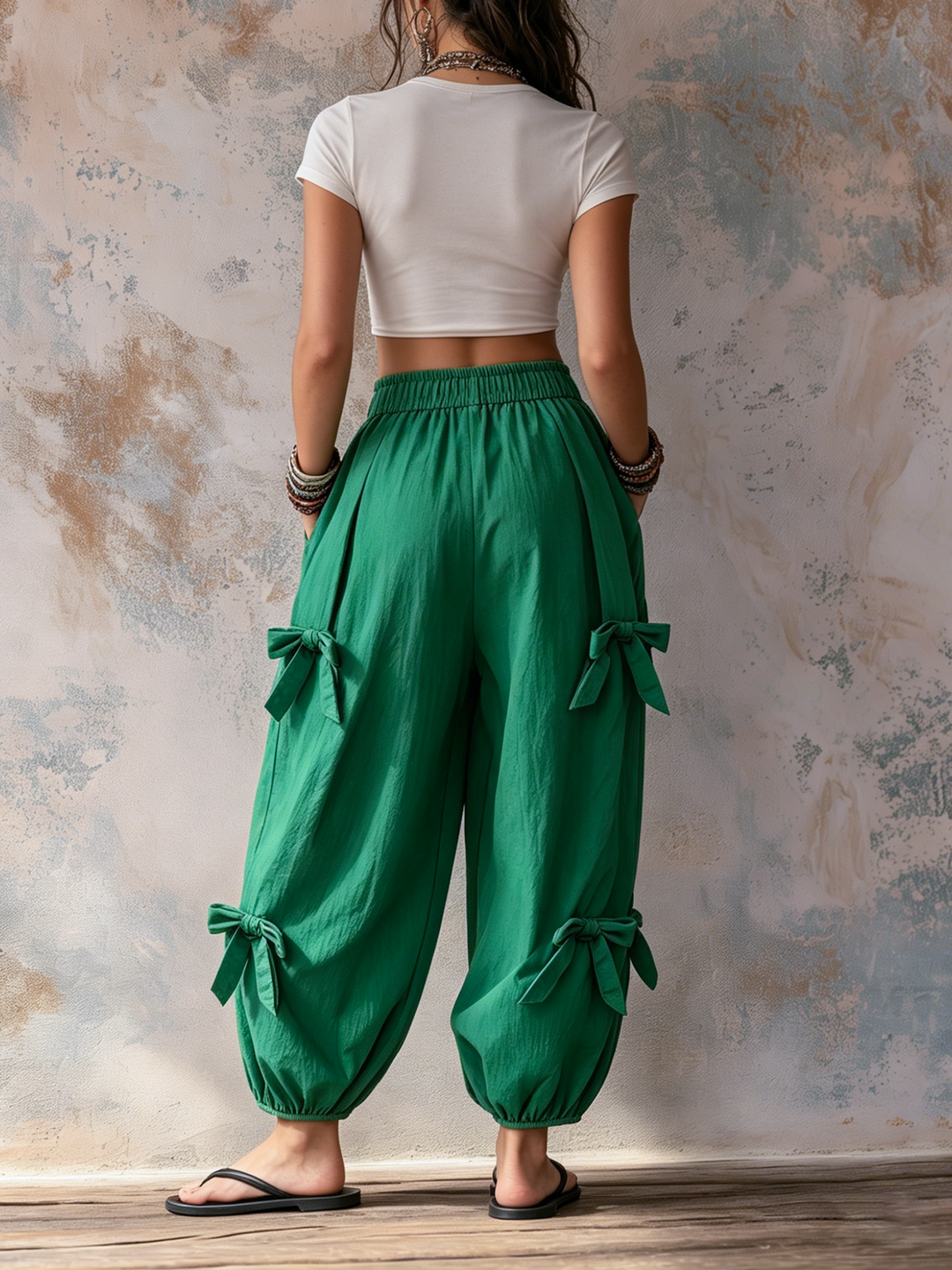 Morgan & Brooke | Emerald Green Bow-Tie Waist Balloon Harem Pants