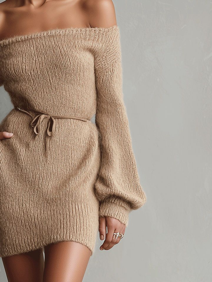 Morgan & Brooke | Camel Knit Off-Shoulder Evening Dress