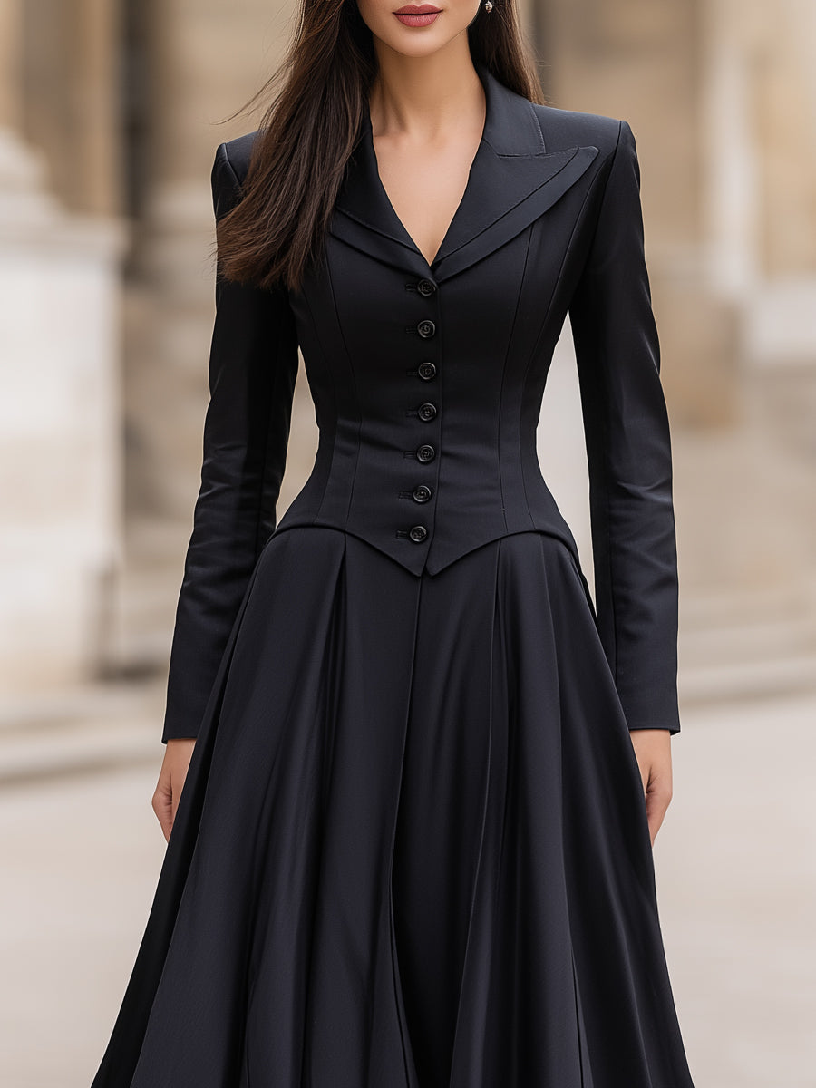 Morgan & Brooke | Black Tailored-Waist Long-Sleeve Crepe Maxi Dress