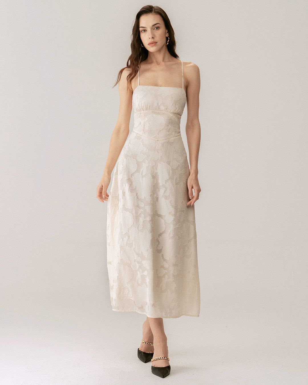 Morgan and Brooke | Jacquard Corset Slip Maxi Dress, Women's, Apricot, Fit and Flare