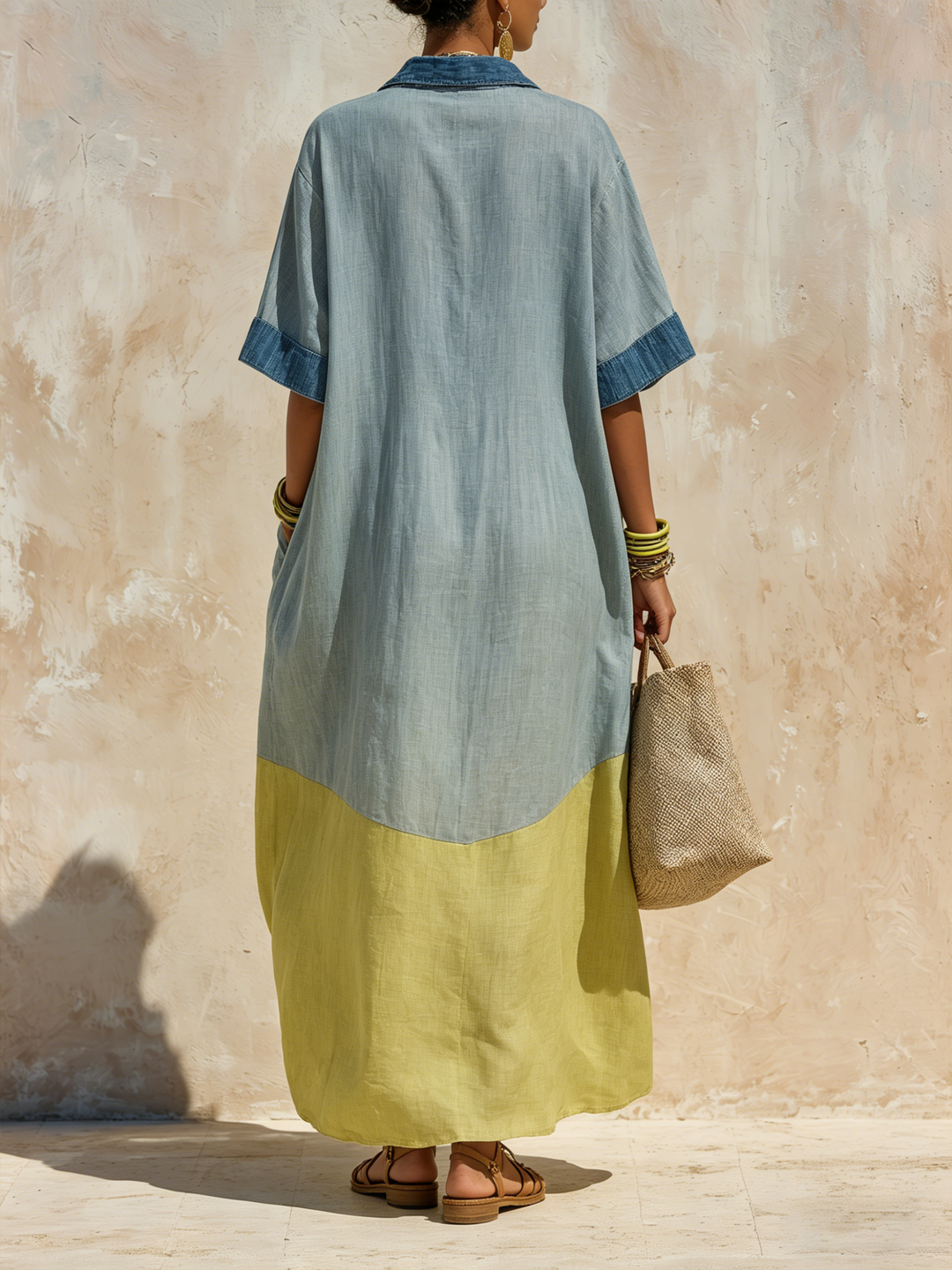 Morgan & Brooke | Two-Tone Blue Oversized Maxi Linen-Denim Dress