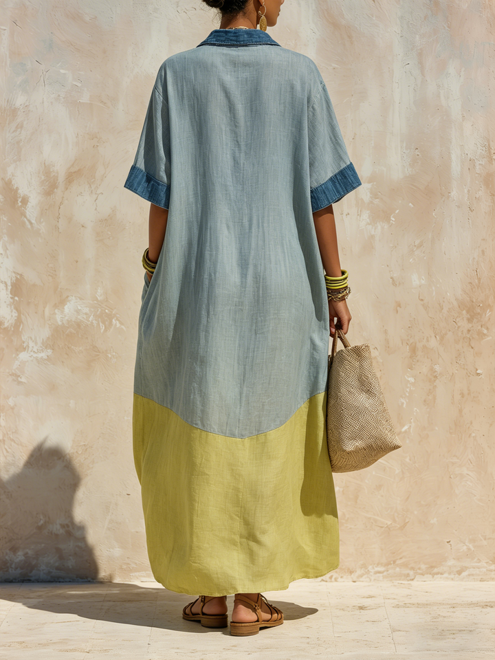 Morgan & Brooke | Two-Tone Blue Oversized Maxi Linen-Denim Dress