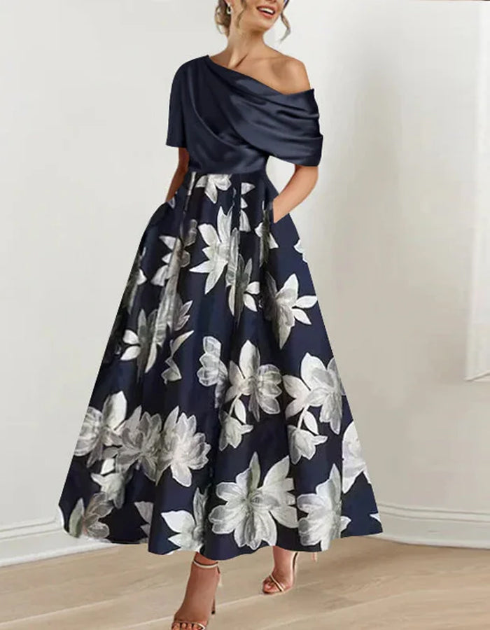 Morgan & Brooke | White Satin Off-Shoulder Bodycon Printed Dress