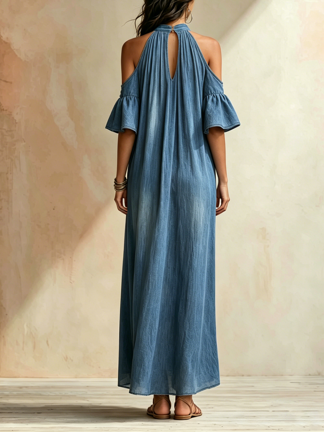 Morgan & Brooke | Blue Halter Neck Cold-Shoulder Tencel Denim Maxi Dress
