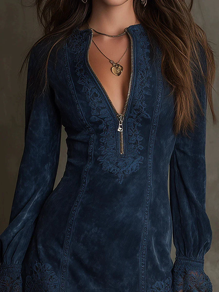 Morgan & Brooke | Blue Lace-Trim Mini Suede Dress
