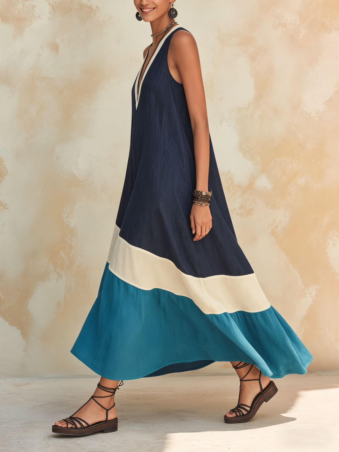 Morgan & Brooke | Multicolor Color-Block Linen-Blend Maxi Dress