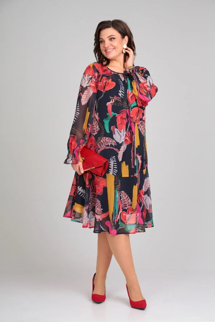 Morgan & Brooke | Multi-Color Floral Print Midi Lightweight Fabric Dress