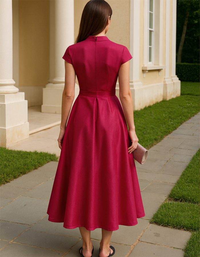 Morgan & Brooke | Red Satin V-Neck A-Line Floral Dress