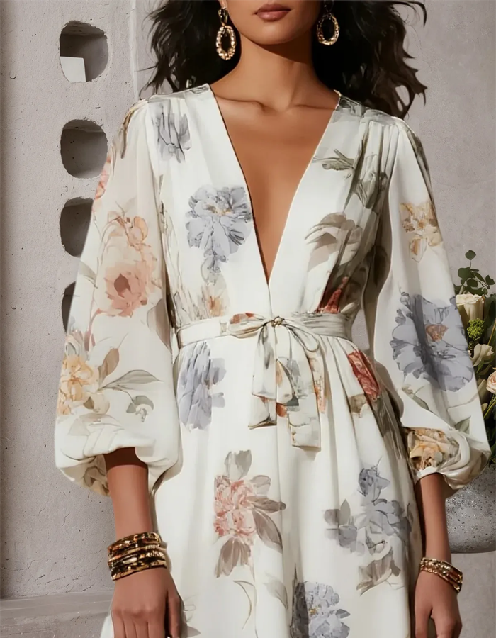 Morgan & Brooke | Ivory Chiffon V-Neck Printed Dress