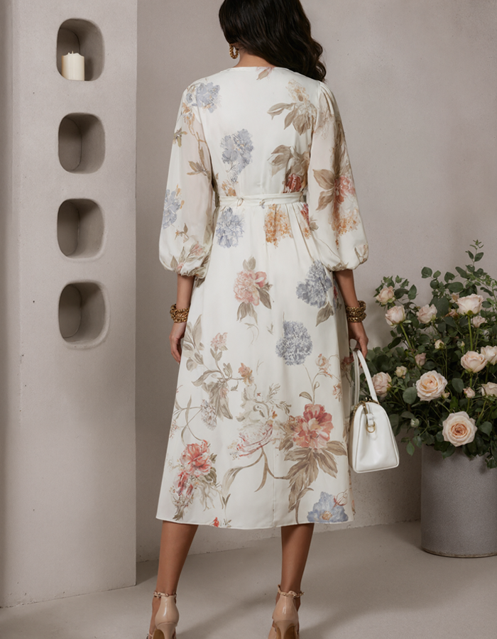 Morgan & Brooke | Ivory Chiffon V-Neck Printed Dress