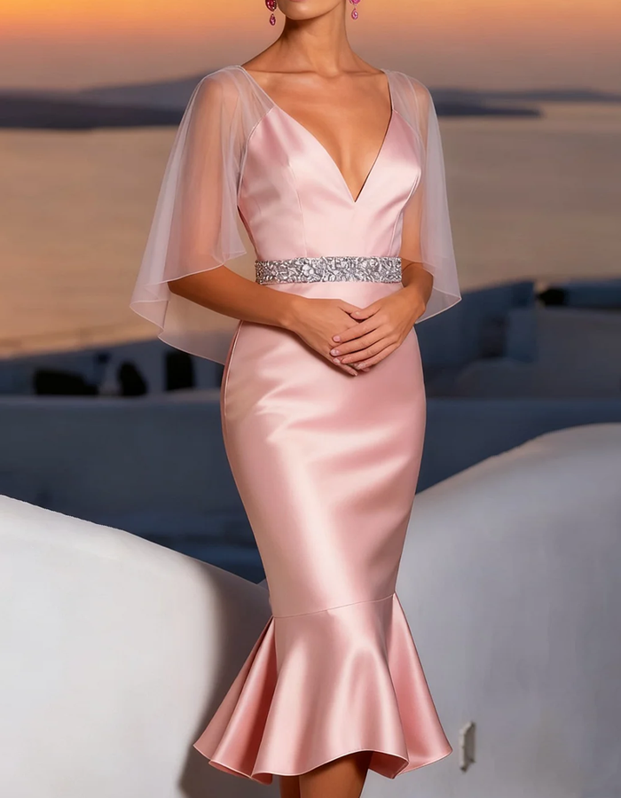 Morgan & Brooke | Pale Pink Satin Mermaid Shawl Dress