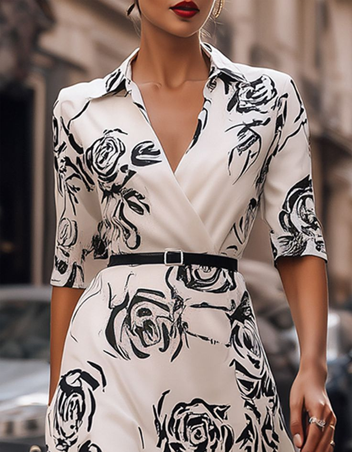 Morgan & Brooke | White Stand Collar Printed Wrap Dress