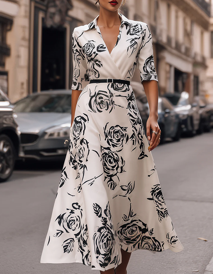Morgan & Brooke | White Stand Collar Printed Wrap Dress