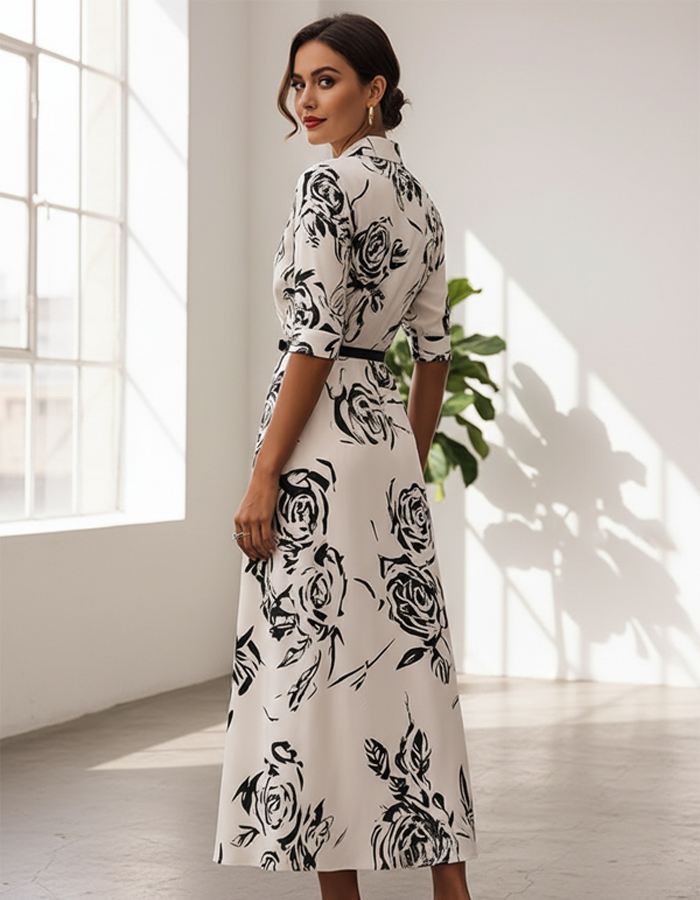 Morgan & Brooke | White Stand Collar Printed Wrap Dress