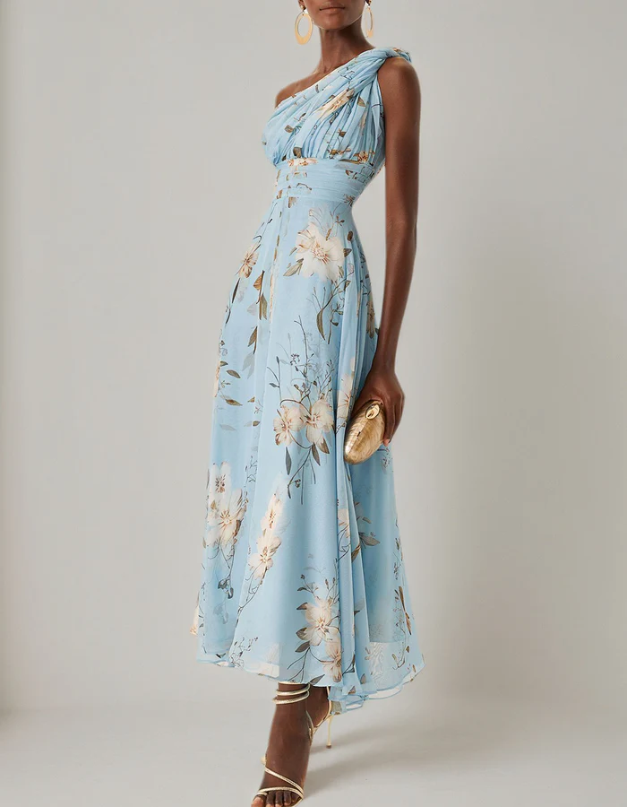 Morgan & Brooke | Light Blue Chiffon One-Shoulder Floral Dress