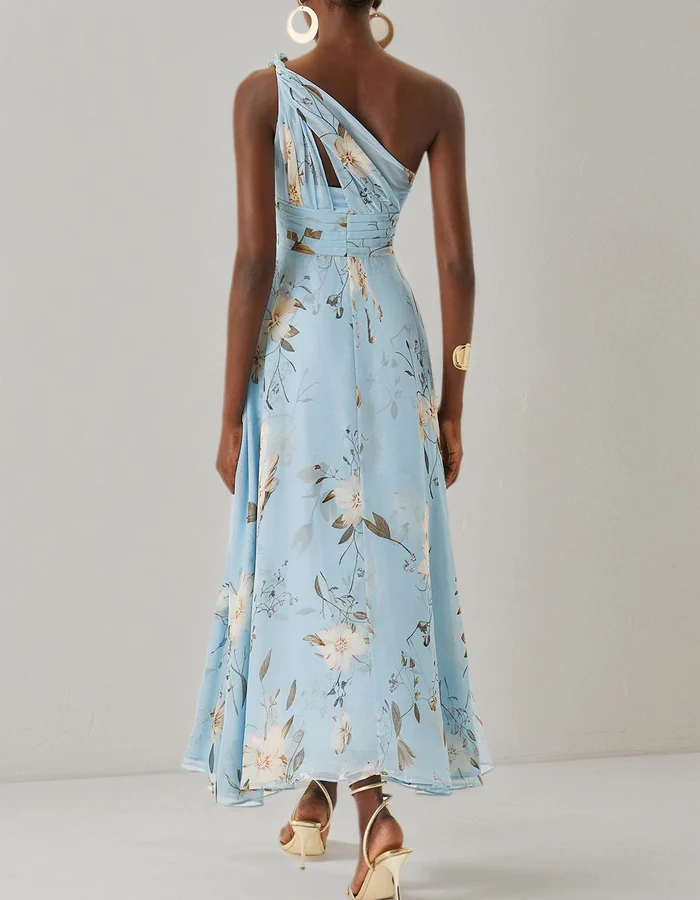 Morgan & Brooke | Light Blue Chiffon One-Shoulder Floral Dress