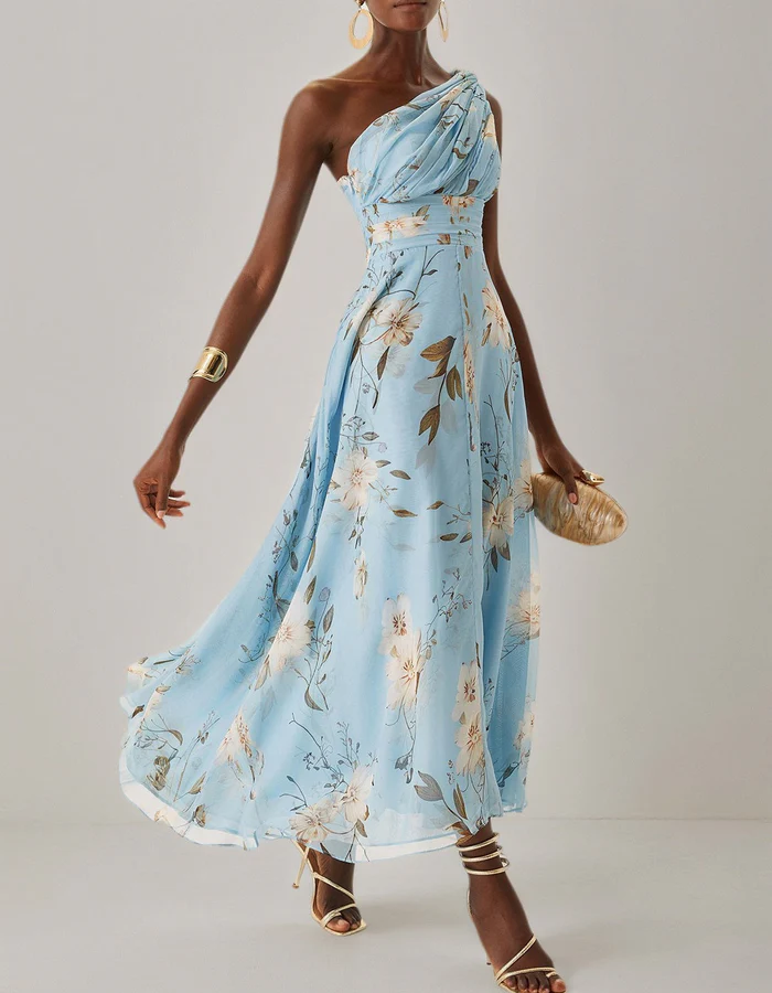 Morgan & Brooke | Light Blue Chiffon One-Shoulder Floral Dress