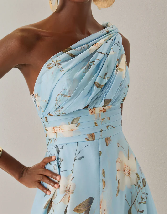 Morgan & Brooke | Light Blue Chiffon One-Shoulder Floral Dress