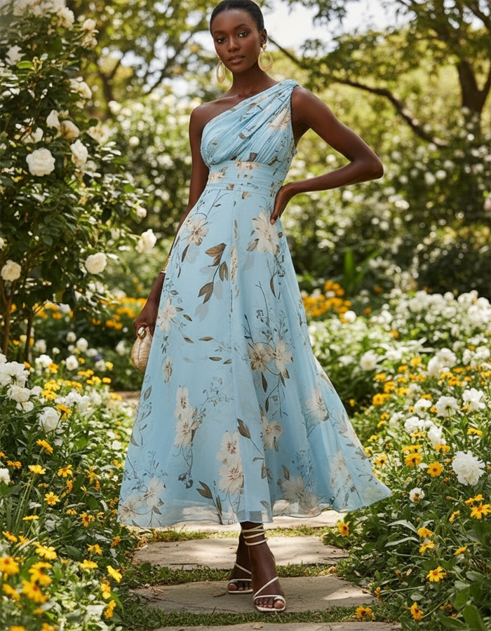 Morgan & Brooke | Light Blue Chiffon One-Shoulder Floral Dress