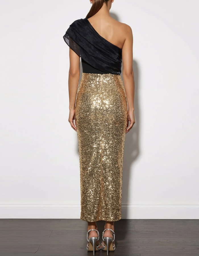 Morgan & Brooke | Gold Sequin One-Shoulder Ruffle Dress