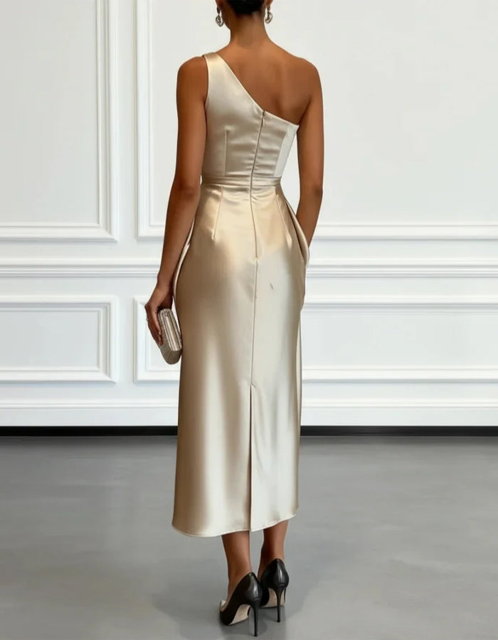 Morgan & Brooke | Champagne Satin One-Shoulder Pleated Dress