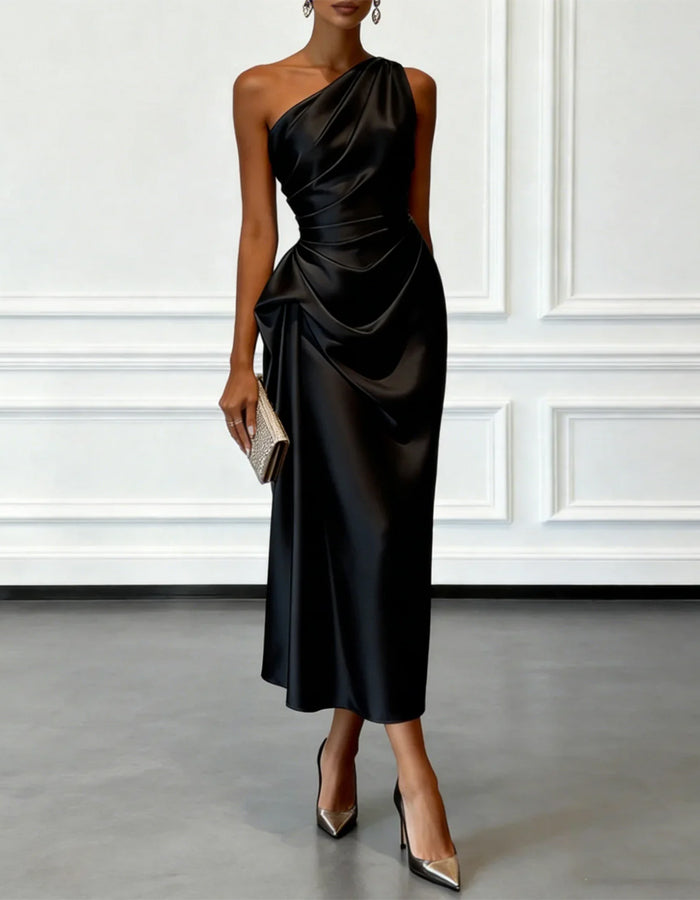 Morgan & Brooke | Champagne Satin One-Shoulder Pleated Dress