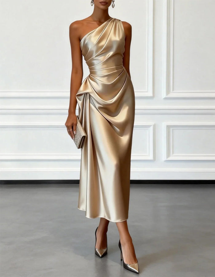 Morgan & Brooke | Champagne Satin One-Shoulder Pleated Dress