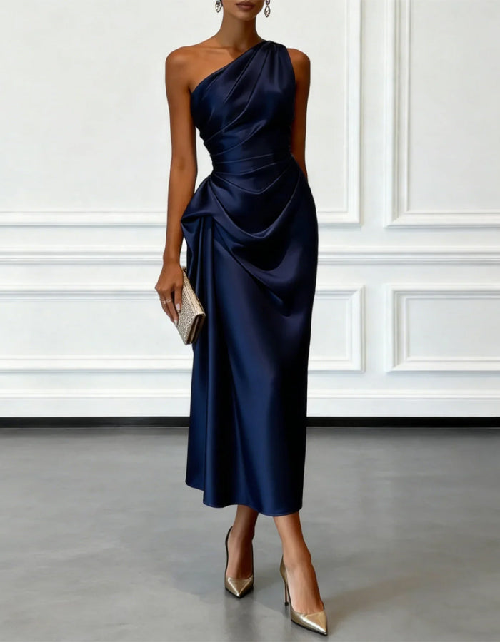 Morgan & Brooke | Champagne Satin One-Shoulder Pleated Dress