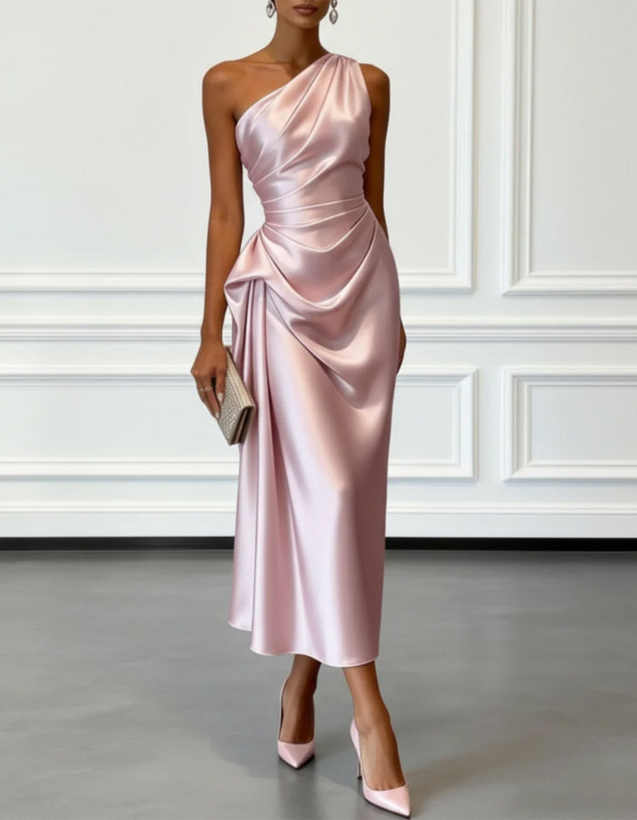Morgan & Brooke | Champagne Satin One-Shoulder Pleated Dress