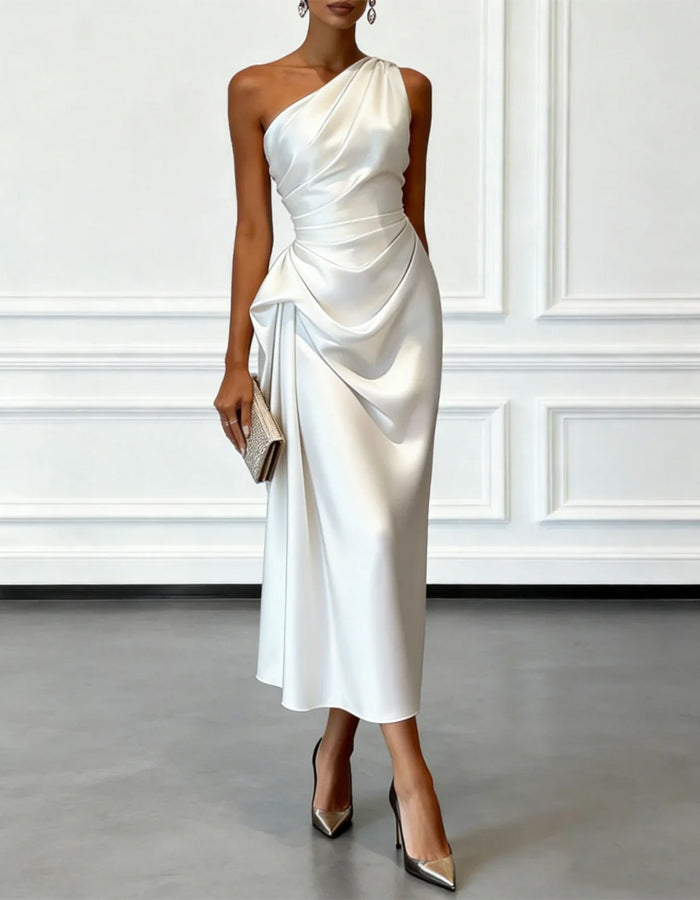 Morgan & Brooke | Champagne Satin One-Shoulder Pleated Dress