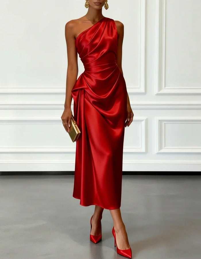 Morgan & Brooke | Champagne Satin One-Shoulder Pleated Dress