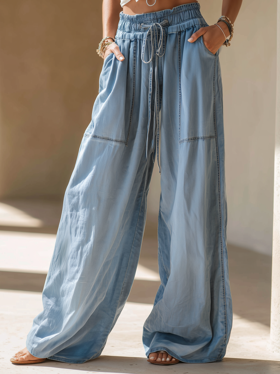 Morgan & Brooke | Light Wash Wide-Leg Drawstring Denim Pants
