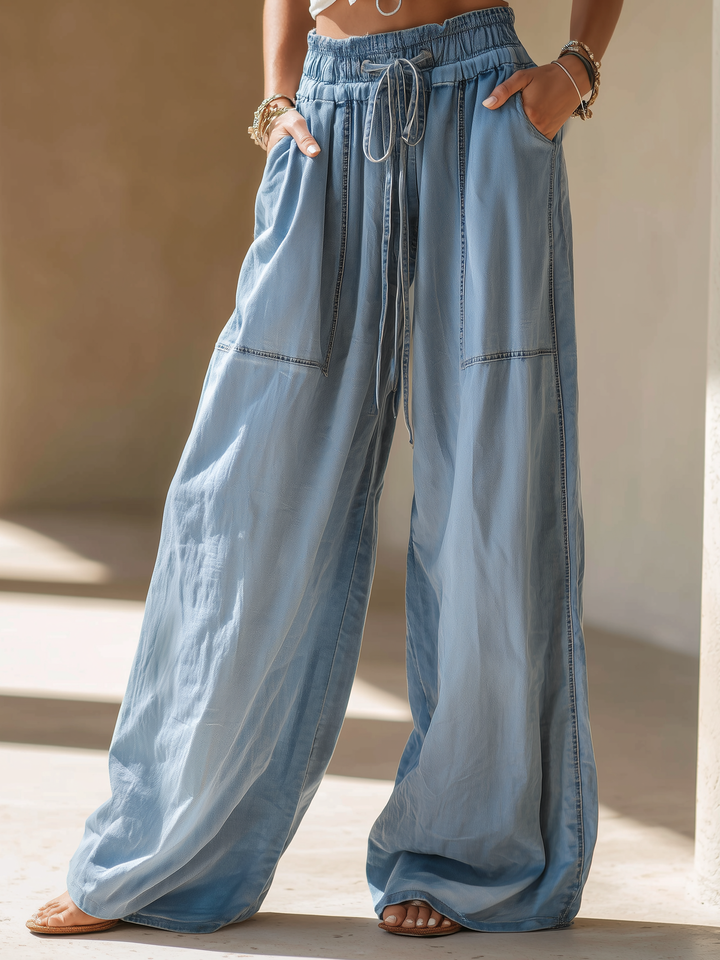 Morgan & Brooke | Light Wash Wide-Leg Drawstring Denim Pants
