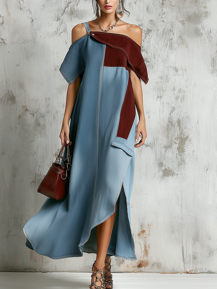 Morgan & Brooke | Blue Cold-Shoulder Patchwork Denim Maxi Dress