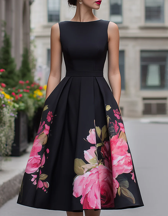 Morgan & Brooke | Black Floral Printed Sleeveless Dress