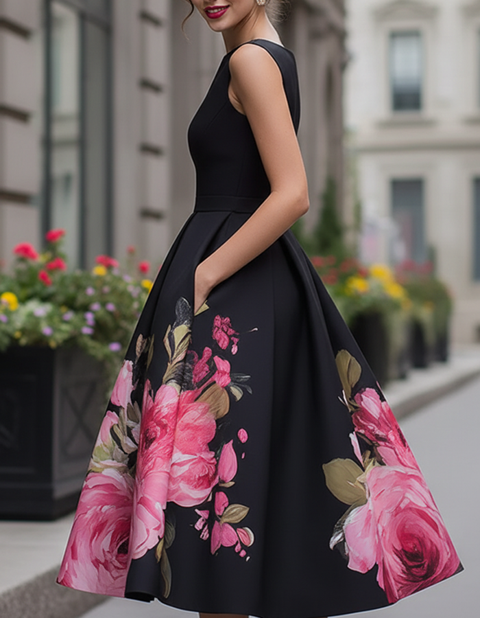 Morgan & Brooke | Black Floral Printed Sleeveless Dress
