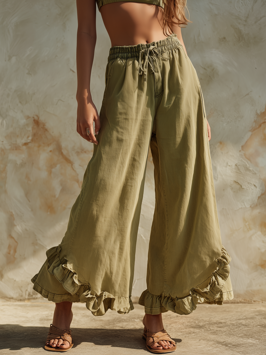 Morgan & Brooke | Olive Green Ruffle-Hem Wide-Leg Linen-Blend Pants