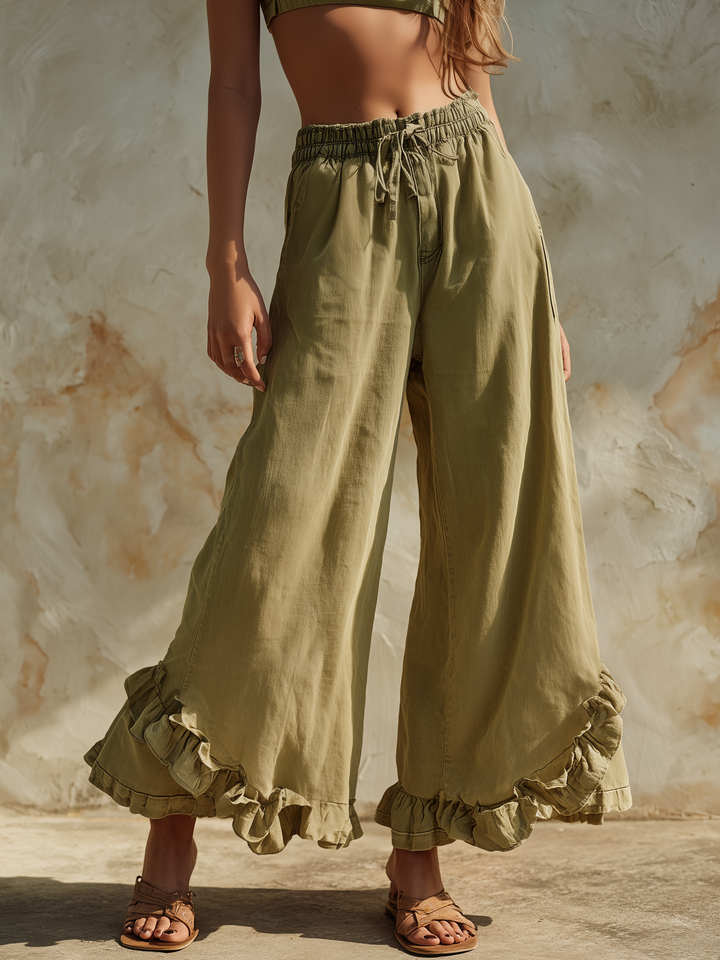 Morgan & Brooke | Olive Green Ruffle-Hem Wide-Leg Linen-Blend Pants